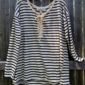 Striped Lace front Long Sleeve Shirt